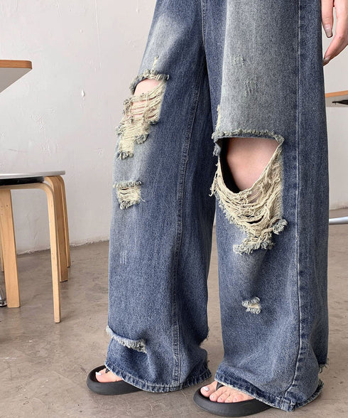 ダメージ デニムワイドパンツ レディース ハイウエストヴィンテージダメージジーンズ レトロバギーパンツ体型カバークラッシュデニムカジュアルボトムス美脚脚長 韓国風 92HANPINFS-014