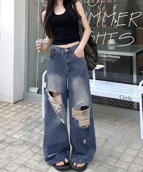 ダメージ デニムワイドパンツ レディース ハイウエストヴィンテージダメージジーンズ レトロバギーパンツ体型カバークラッシュデニムカジュアルボトムス美脚脚長 韓国風 92HANPINFS-014