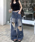 ダメージ デニムワイドパンツ レディース ハイウエストヴィンテージダメージジーンズ レトロバギーパンツ体型カバークラッシュデニムカジュアルボトムス美脚脚長 韓国風 92HANPINFS-014