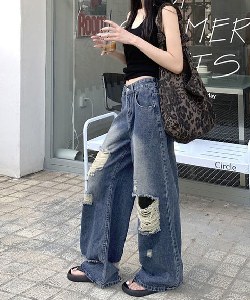 ダメージ デニムワイドパンツ レディース ハイウエストヴィンテージダメージジーンズ レトロバギーパンツ体型カバークラッシュデニムカジュアルボトムス美脚脚長 韓国風 92HANPINFS-014
