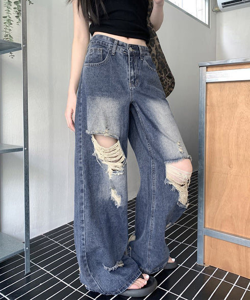 ダメージ デニムワイドパンツ レディース ハイウエストヴィンテージダメージジーンズ レトロバギーパンツ体型カバークラッシュデニムカジュアルボトムス美脚脚長 韓国風 92HANPINFS-014