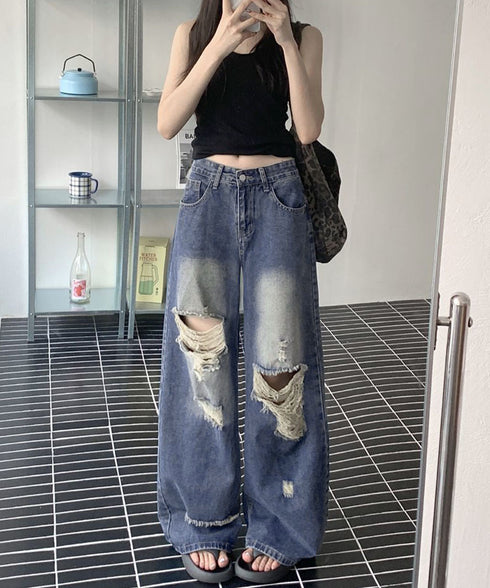 ダメージ デニムワイドパンツ レディース ハイウエストヴィンテージダメージジーンズ レトロバギーパンツ体型カバークラッシュデニムカジュアルボトムス美脚脚長 韓国風 92HANPINFS-014