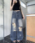 ダメージ デニムワイドパンツ レディース ハイウエストヴィンテージダメージジーンズ レトロバギーパンツ体型カバークラッシュデニムカジュアルボトムス美脚脚長 韓国風 92HANPINFS-014