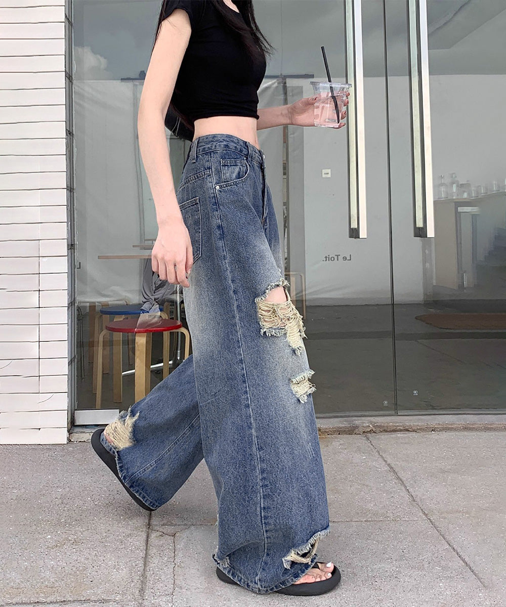 ダメージ デニムワイドパンツ レディース