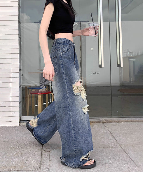 ダメージ デニムワイドパンツ レディース ハイウエストヴィンテージダメージジーンズ レトロバギーパンツ体型カバークラッシュデニムカジュアルボトムス美脚脚長 韓国風 92HANPINFS-014