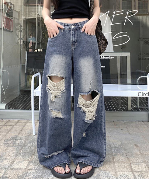ダメージ デニムワイドパンツ レディース ハイウエストヴィンテージダメージジーンズ レトロバギーパンツ体型カバークラッシュデニムカジュアルボトムス美脚脚長 韓国風 92HANPINFS-014