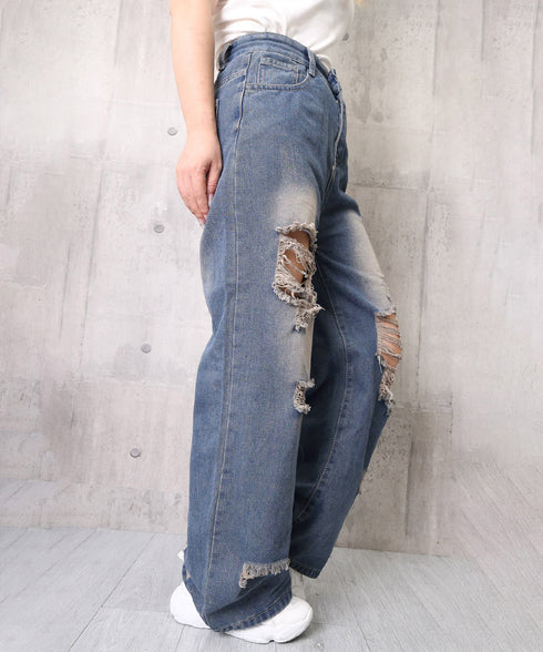 ダメージ デニムワイドパンツ レディース ハイウエストヴィンテージダメージジーンズ レトロバギーパンツ体型カバークラッシュデニムカジュアルボトムス美脚脚長 韓国風 92HANPINFS-014