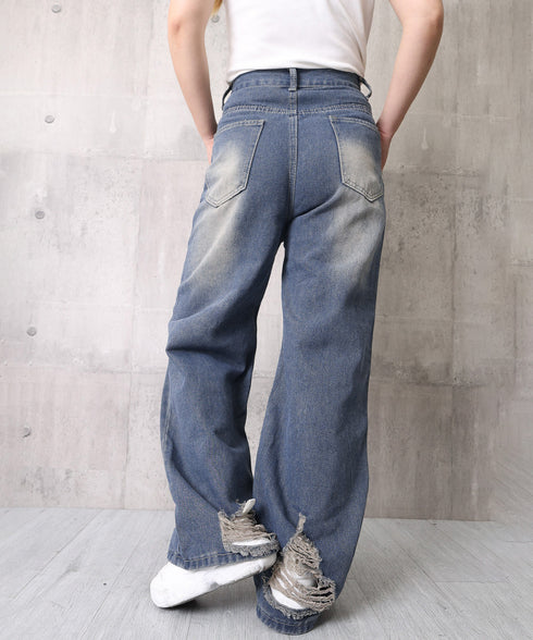 ダメージ デニムワイドパンツ レディース ハイウエストヴィンテージダメージジーンズ レトロバギーパンツ体型カバークラッシュデニムカジュアルボトムス美脚脚長 韓国風 92HANPINFS-014