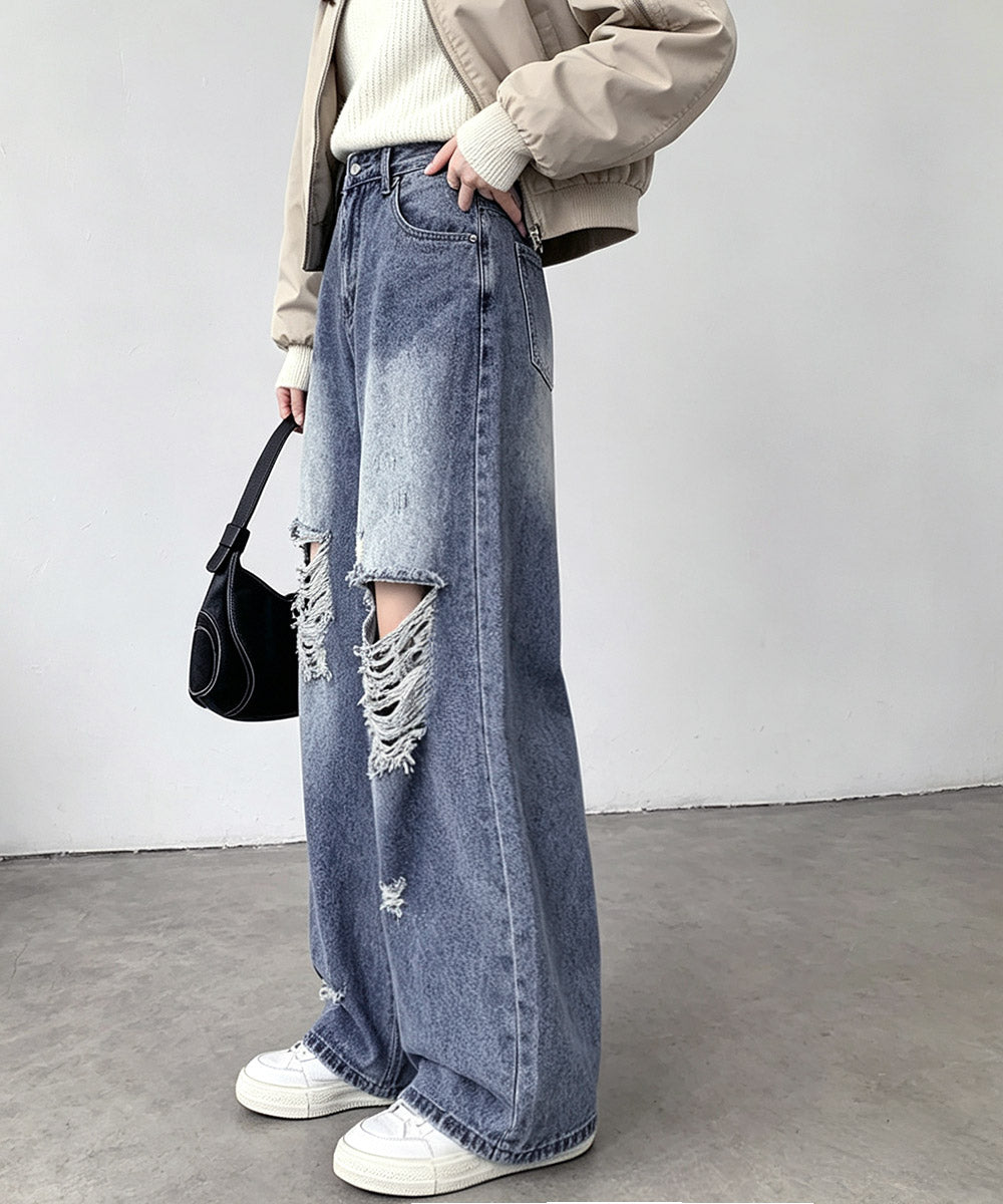ダメージ デニムワイドパンツ レディース