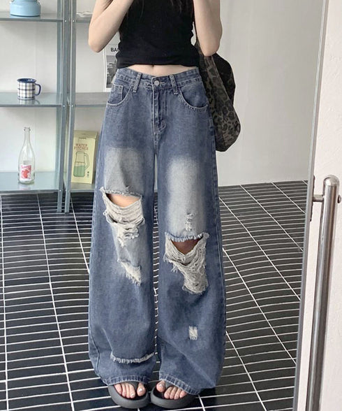 ダメージ デニムワイドパンツ レディース ハイウエストヴィンテージダメージジーンズ レトロバギーパンツ体型カバークラッシュデニムカジュアルボトムス美脚脚長 韓国風 92HANPINFS-014