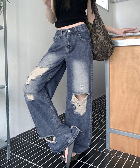 ダメージ デニムワイドパンツ レディース ハイウエストヴィンテージダメージジーンズ レトロバギーパンツ体型カバークラッシュデニムカジュアルボトムス美脚脚長 韓国風 92HANPINFS-014