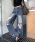 ダメージ デニムワイドパンツ レディース ハイウエストヴィンテージダメージジーンズ レトロバギーパンツ体型カバークラッシュデニムカジュアルボトムス美脚脚長 韓国風 92HANPINFS-014