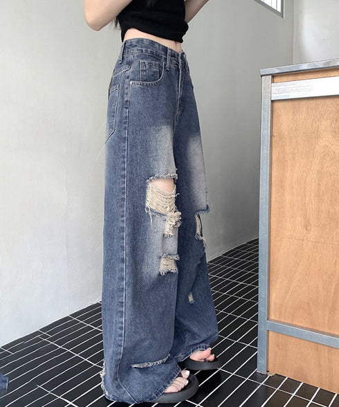 ダメージ デニムワイドパンツ レディース ハイウエストヴィンテージダメージジーンズ レトロバギーパンツ体型カバークラッシュデニムカジュアルボトムス美脚脚長 韓国風 92HANPINFS-014