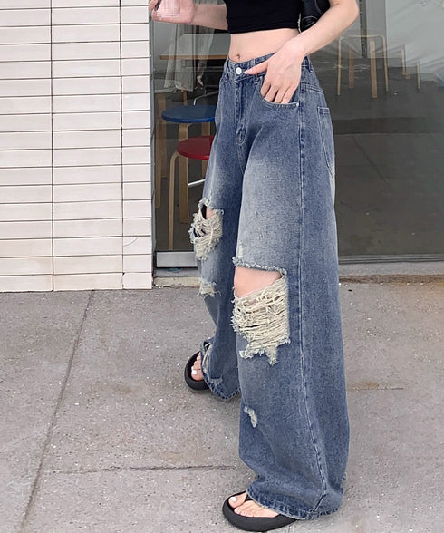ダメージ デニムワイドパンツ レディース ハイウエストヴィンテージダメージジーンズ レトロバギーパンツ体型カバークラッシュデニムカジュアルボトムス美脚脚長 韓国風 92HANPINFS-014