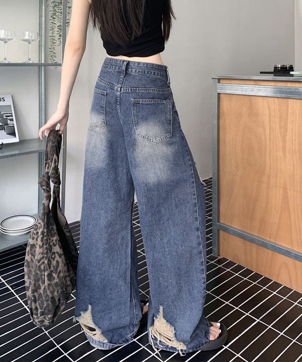 ダメージ デニムワイドパンツ レディース
