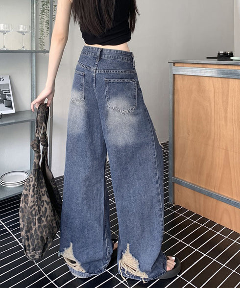 ダメージ デニムワイドパンツ レディース ハイウエストヴィンテージダメージジーンズ レトロバギーパンツ体型カバークラッシュデニムカジュアルボトムス美脚脚長 韓国風 92HANPINFS-014