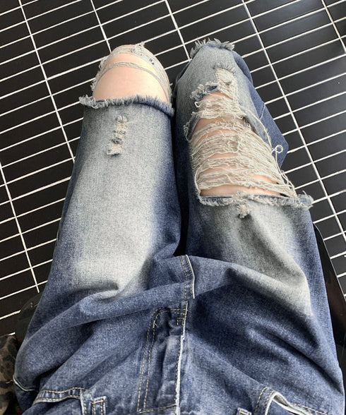 ダメージ デニムワイドパンツ レディース ハイウエストヴィンテージダメージジーンズ レトロバギーパンツ体型カバークラッシュデニムカジュアルボトムス美脚脚長 韓国風 92HANPINFS-014
