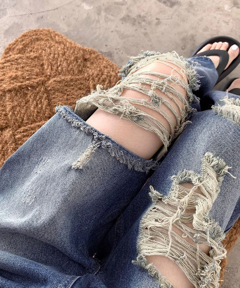 ダメージ デニムワイドパンツ レディース ハイウエストヴィンテージダメージジーンズ レトロバギーパンツ体型カバークラッシュデニムカジュアルボトムス美脚脚長 韓国風 92HANPINFS-014