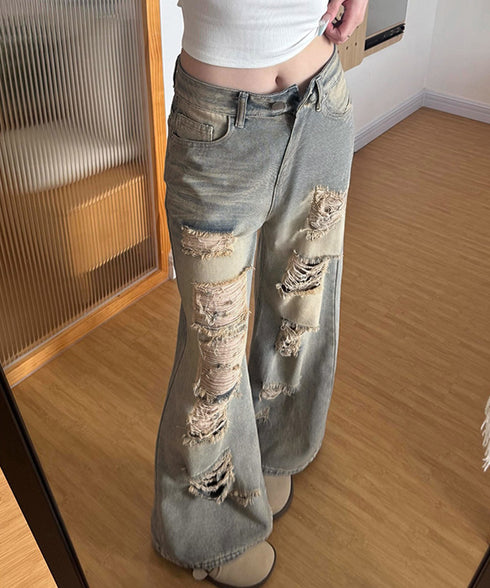 ダメージデニムワイドパンツ韓国風ジーンズ レディース ヴィンテージ加工デニムパンツ クラッシュバギーパンツY2Kデニム ハイウエスト 着やせ細見えボトムス美脚脚長 92HANPINFS-016