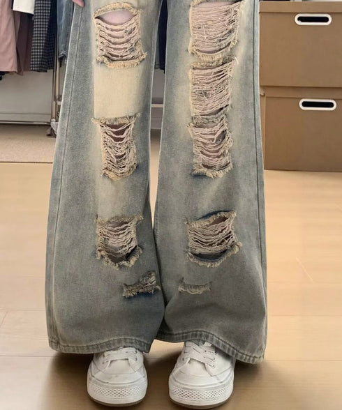 ダメージデニムワイドパンツ韓国風ジーンズ レディース ヴィンテージ加工デニムパンツ クラッシュバギーパンツY2Kデニム ハイウエスト 着やせ細見えボトムス美脚脚長 92HANPINFS-016