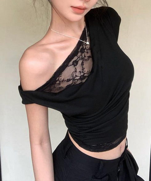 オフショル レースカットソー半袖Tシャツ ワンショルトップスレディース アシンメトリーレースドッキングシャツ おしゃれクロップドtシャツ細見え 肌見せ夏服 韓国風 92HEITAOBH-002