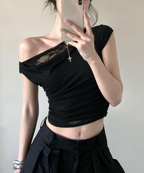 オフショル レースカットソー半袖Tシャツ ワンショルトップスレディース アシンメトリーレースドッキングシャツ おしゃれクロップドtシャツ細見え 肌見せ夏服 韓国風 92HEITAOBH-002