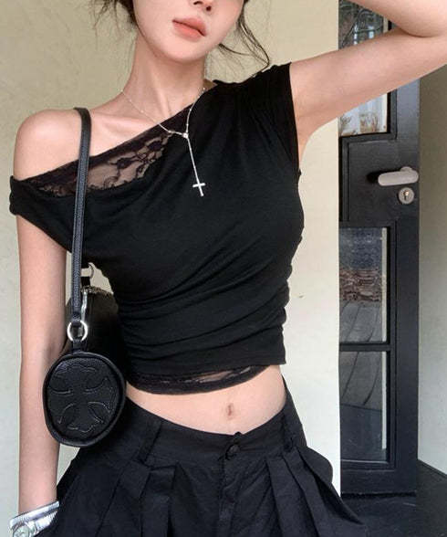オフショル レースカットソー半袖Tシャツ ワンショルトップスレディース アシンメトリーレースドッキングシャツ おしゃれクロップドtシャツ細見え 肌見せ夏服 韓国風 92HEITAOBH-002
