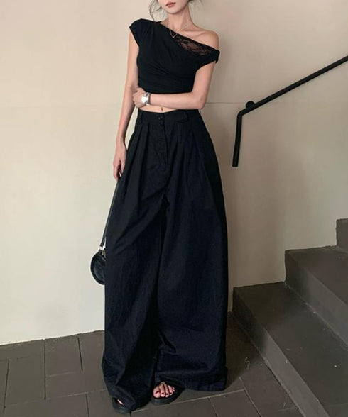 オフショル レースカットソー半袖Tシャツ ワンショルトップスレディース アシンメトリーレースドッキングシャツ おしゃれクロップドtシャツ細見え 肌見せ夏服 韓国風 92HEITAOBH-002