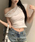 オフショル レースカットソー半袖Tシャツ ワンショルトップスレディース アシンメトリーレースドッキングシャツ おしゃれクロップドtシャツ細見え 肌見せ夏服 韓国風 92HEITAOBH-002