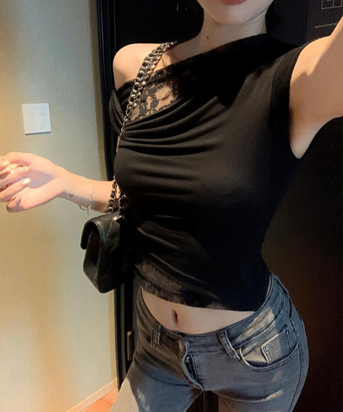 オフショル レースカットソー半袖Tシャツ ワンショルトップスレディース アシンメトリーレースドッキングシャツ おしゃれクロップドtシャツ細見え 肌見せ夏服 韓国風 92HEITAOBH-002