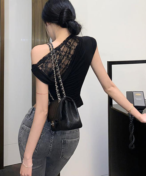 オフショル レースカットソー半袖Tシャツ ワンショルトップスレディース アシンメトリーレースドッキングシャツ おしゃれクロップドtシャツ細見え 肌見せ夏服 韓国風 92HEITAOBH-002