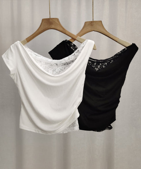 オフショル レースカットソー半袖Tシャツ ワンショルトップスレディース アシンメトリーレースドッキングシャツ おしゃれクロップドtシャツ細見え 肌見せ夏服 韓国風 92HEITAOBH-002