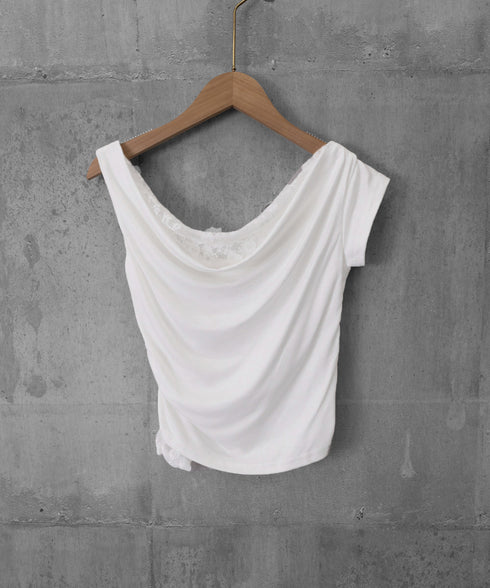 オフショル レースカットソー半袖Tシャツ ワンショルトップスレディース アシンメトリーレースドッキングシャツ おしゃれクロップドtシャツ細見え 肌見せ夏服 韓国風 92HEITAOBH-002
