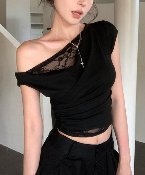 オフショル レースカットソー半袖Tシャツ ワンショルトップスレディース アシンメトリーレースドッキングシャツ おしゃれクロップドtシャツ細見え 肌見せ夏服 韓国風 92HEITAOBH-002
