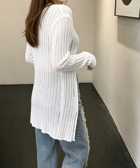 ダメージ シアーニットトップス長袖透け感 透かし編みトップス レディース ロングスリーブ ニットカーディガン 大人可愛い サマーニットフロントボタン 韓国風春夏秋 92HEITAOBH-003