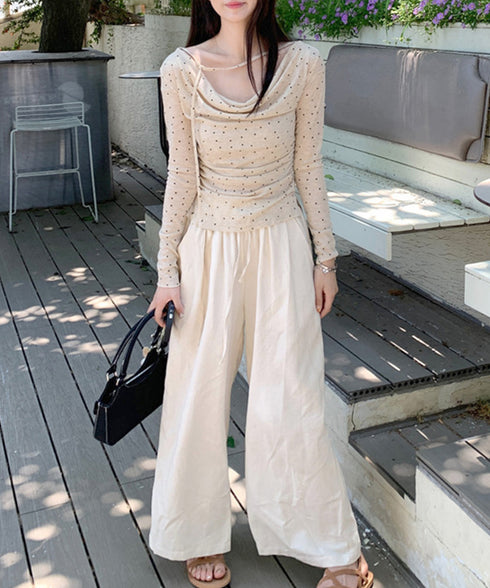 ドット柄シアーカットソーオフショルロンT きれいめ シアートップス長袖 チョーカーリボン 春夏ブラウス 透け感大人可愛い韓国風 ボートネック 薄手インナー 重ね着 92HEITAOBH-004