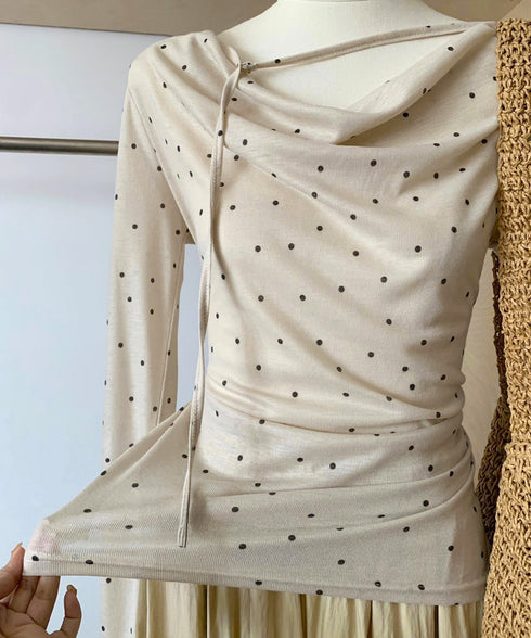 ドット柄シアーカットソーオフショルロンT きれいめ シアートップス長袖 チョーカーリボン 春夏ブラウス 透け感大人可愛い韓国風 ボートネック 薄手インナー 重ね着 92HEITAOBH-004