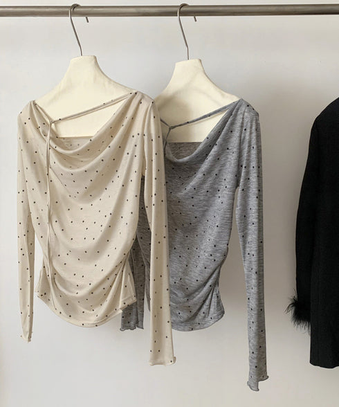 ドット柄シアーカットソーオフショルロンT きれいめ シアートップス長袖 チョーカーリボン 春夏ブラウス 透け感大人可愛い韓国風 ボートネック 薄手インナー 重ね着 92HEITAOBH-004