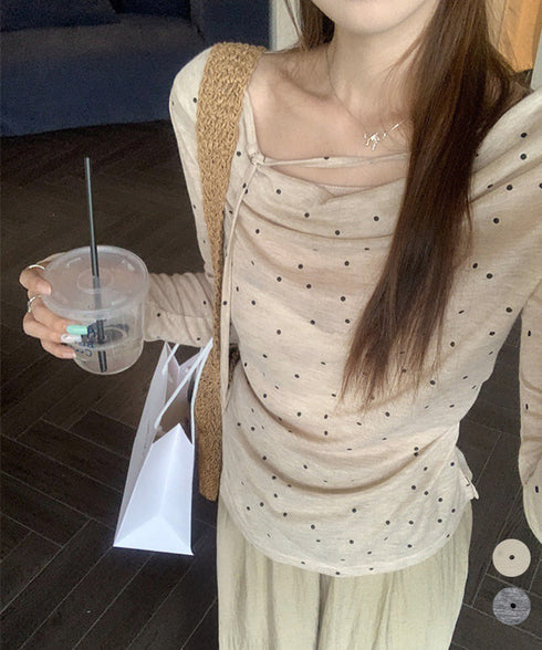 ドット柄シアーカットソーオフショルロンT きれいめ シアートップス長袖 チョーカーリボン 春夏ブラウス 透け感大人可愛い韓国風 ボートネック 薄手インナー 重ね着 92HEITAOBH-004