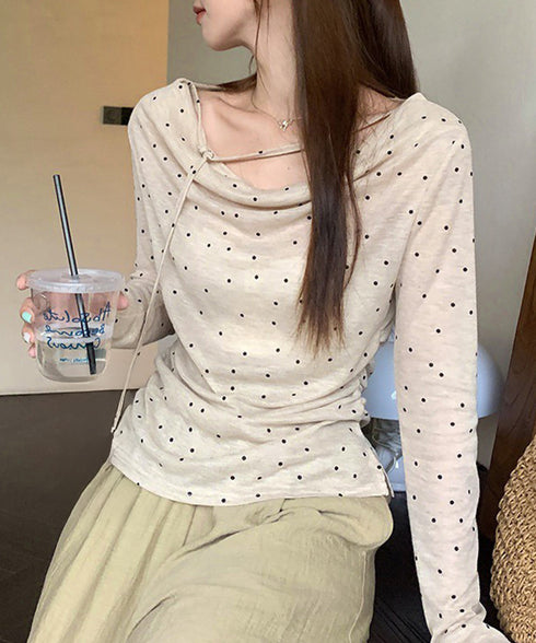 ドット柄シアーカットソーオフショルロンT きれいめ シアートップス長袖 チョーカーリボン 春夏ブラウス 透け感大人可愛い韓国風 ボートネック 薄手インナー 重ね着 92HEITAOBH-004