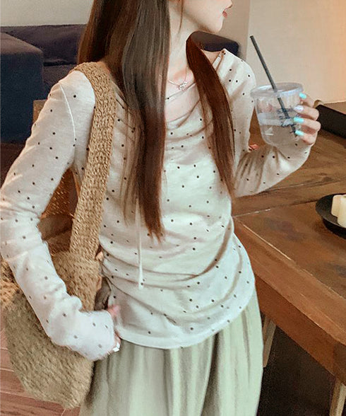 ドット柄シアーカットソーオフショルロンT きれいめ シアートップス長袖 チョーカーリボン 春夏ブラウス 透け感大人可愛い韓国風 ボートネック 薄手インナー 重ね着 92HEITAOBH-004