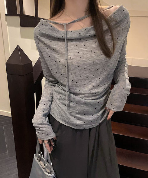 ドット柄シアーカットソーオフショルロンT きれいめ シアートップス長袖 チョーカーリボン 春夏ブラウス 透け感大人可愛い韓国風 ボートネック 薄手インナー 重ね着 92HEITAOBH-004