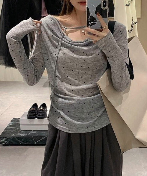 ドット柄シアーカットソーオフショルロンT きれいめ シアートップス長袖 チョーカーリボン 春夏ブラウス 透け感大人可愛い韓国風 ボートネック 薄手インナー 重ね着 92HEITAOBH-004