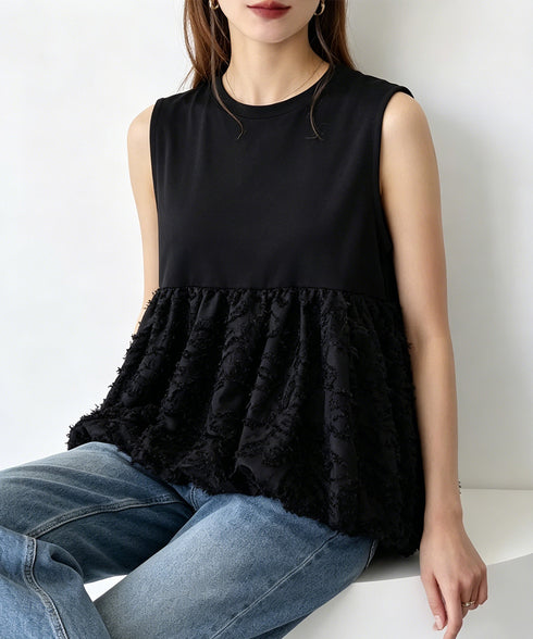 フェザー切替ノースリーブペプラムブラウス レディース クルーネックtシャツ 華やかなドッキングトップス大人可愛い 涼しげブラウス ジャガードカットソー夏チュニック 92HHXM-001