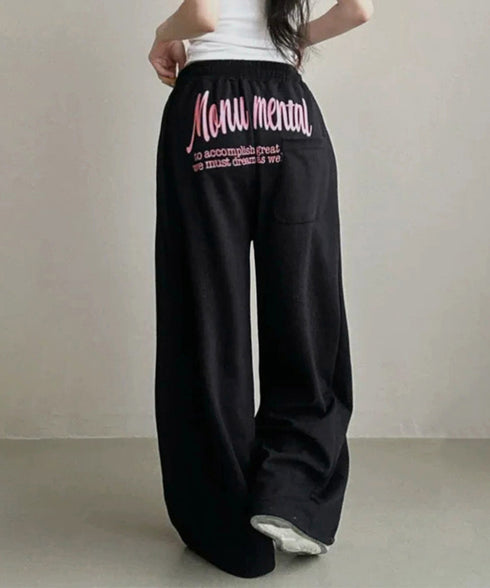 バッグプリントワイドスエットパンツ韓国風 レディースワイドパンツ 裏起毛パンツ イージーパンツ 着やせボトムス ゆったり運動着 リラックスパンツ楽ちんロングパンツ 92HJHYDZ-001