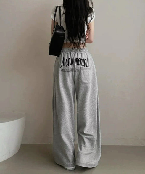 バッグプリントワイドスエットパンツ韓国風 レディースワイドパンツ 裏起毛パンツ イージーパンツ 着やせボトムス ゆったり運動着 リラックスパンツ楽ちんロングパンツ 92HJHYDZ-001