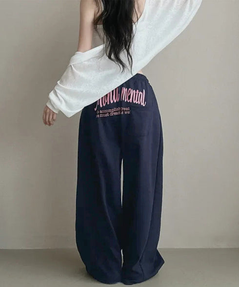 バッグプリントワイドスエットパンツ韓国風 レディースワイドパンツ 裏起毛パンツ イージーパンツ 着やせボトムス ゆったり運動着 リラックスパンツ楽ちんロングパンツ 92HJHYDZ-001