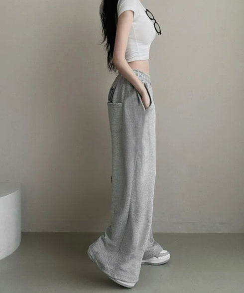 バッグプリントワイドスエットパンツ韓国風 レディースワイドパンツ 裏起毛パンツ イージーパンツ 着やせボトムス ゆったり運動着 リラックスパンツ楽ちんロングパンツ 92HJHYDZ-001