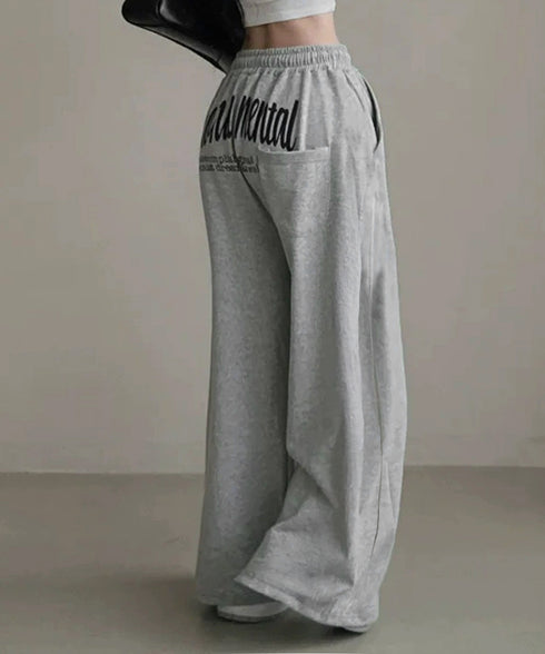 バッグプリントワイドスエットパンツ韓国風 レディースワイドパンツ 裏起毛パンツ イージーパンツ 着やせボトムス ゆったり運動着 リラックスパンツ楽ちんロングパンツ 92HJHYDZ-001