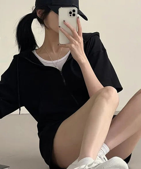 スウェットセットアップレディース半袖夏服 ジップアップパーカー クロップド丈トップス夏 ハイウエストショートパンツ 上下セット ウエストゴム美脚ショーパン 韓国風 92HJHYDZ-003